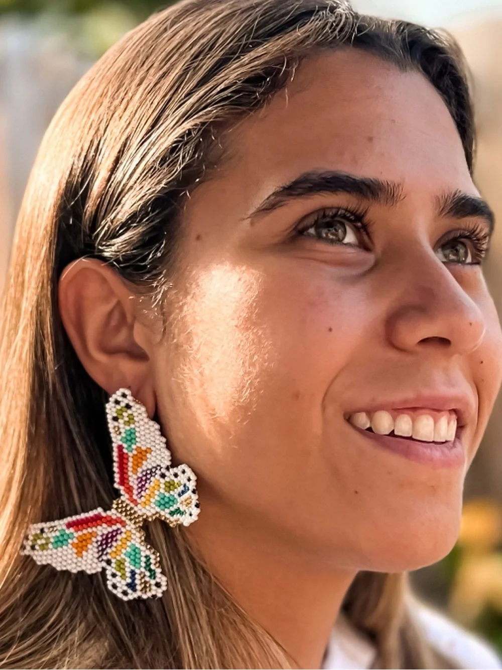 White Multicolor Beaded Butterfly Earrings